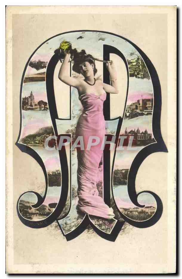Monaco — femme en robe rose dans une grande lettre ornée — éditeur Monaco