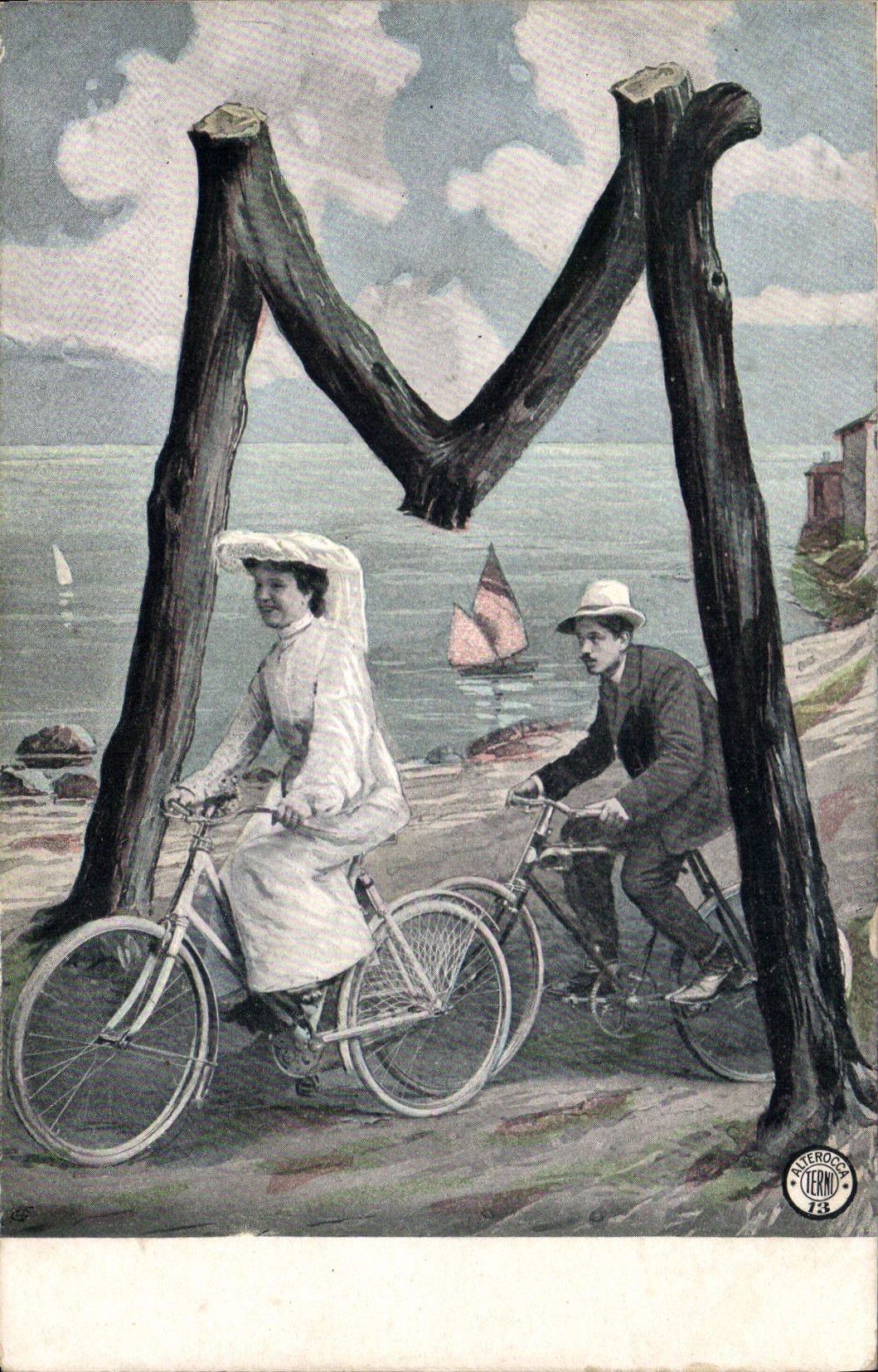 Deux cyclistes devant une lettre M en bois — Allerock Terni 73