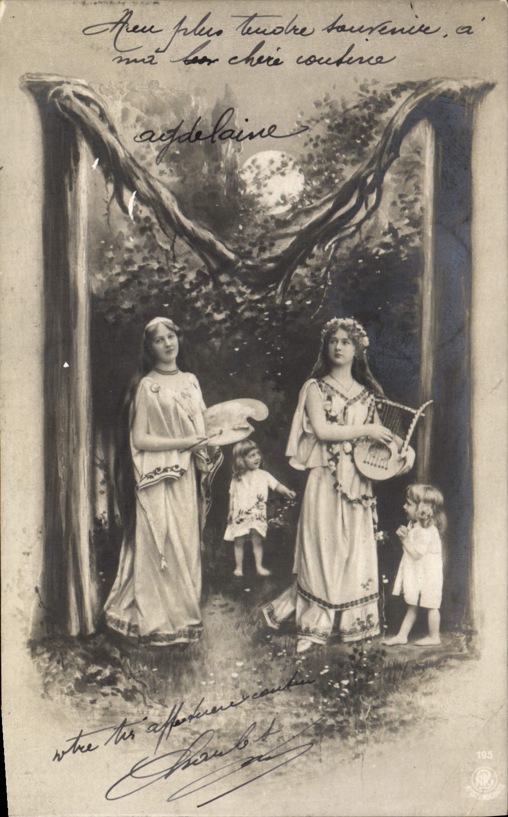 Deux femmes et deux enfants dans un cadre naturel — illustration — éditeur inconnu, n° 19.5