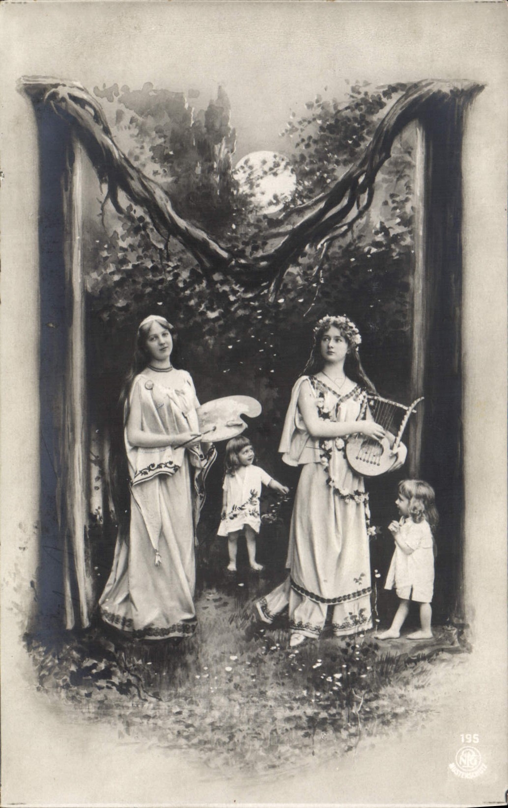 Scène de forêt avec musicienne et peintre — NRG 195 — éditeur NRG