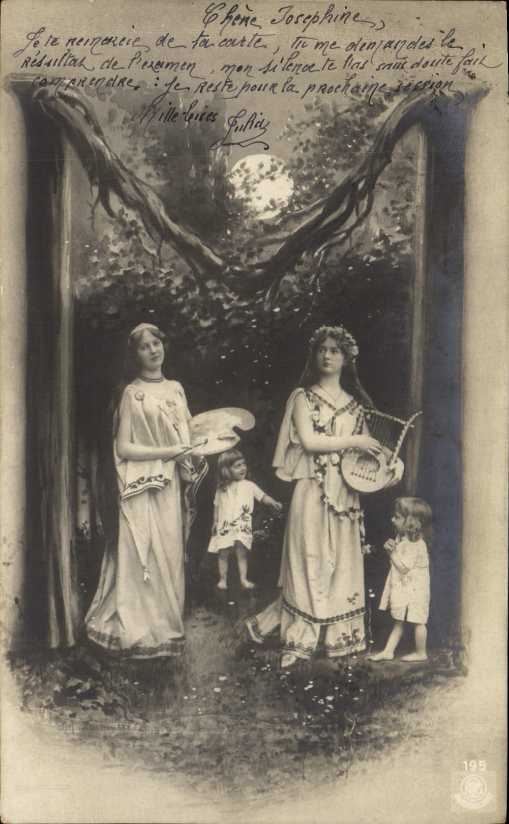 Deux femmes et deux enfants sous un arbre — scène mythologique — éditeur N°195