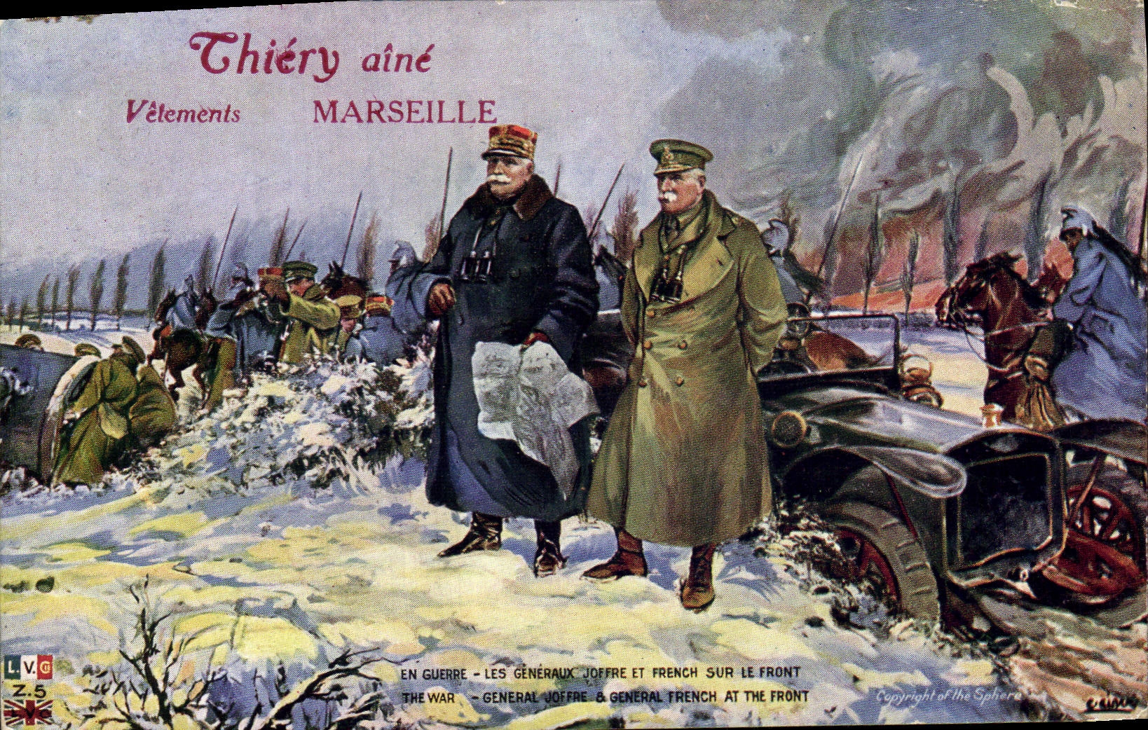 CPA Militaria Les generaux Joffre et French sur le front Thiery Aine Vetements Marseille 