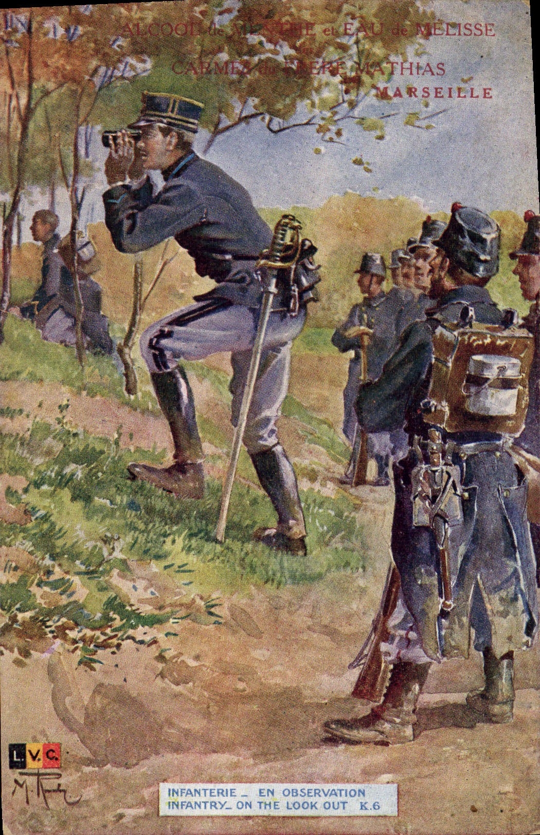 CPA Militaria Infanterie En observation Publicite Alcool de menthe et eau de melisse Carmes du Frere Mathias Marseille 