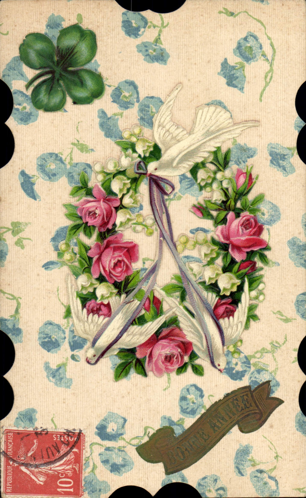 Buon Anno — Due colombi e corona di rose — J.C. Paris