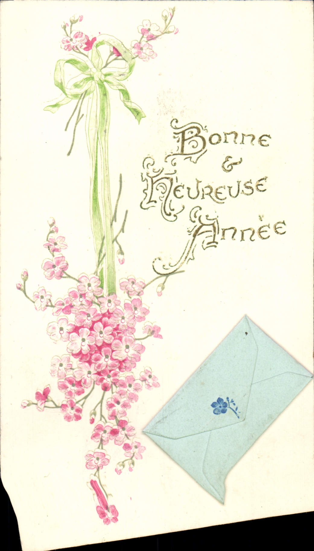Bonne & Heureuse Année — carte de vœux avec bouquet de fleurs et enveloppe décorative — éditeur non visible
