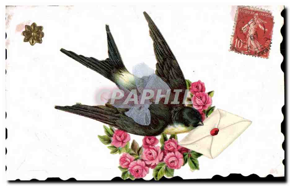 Oiseau portant une lettre — roses — éditeur non visible