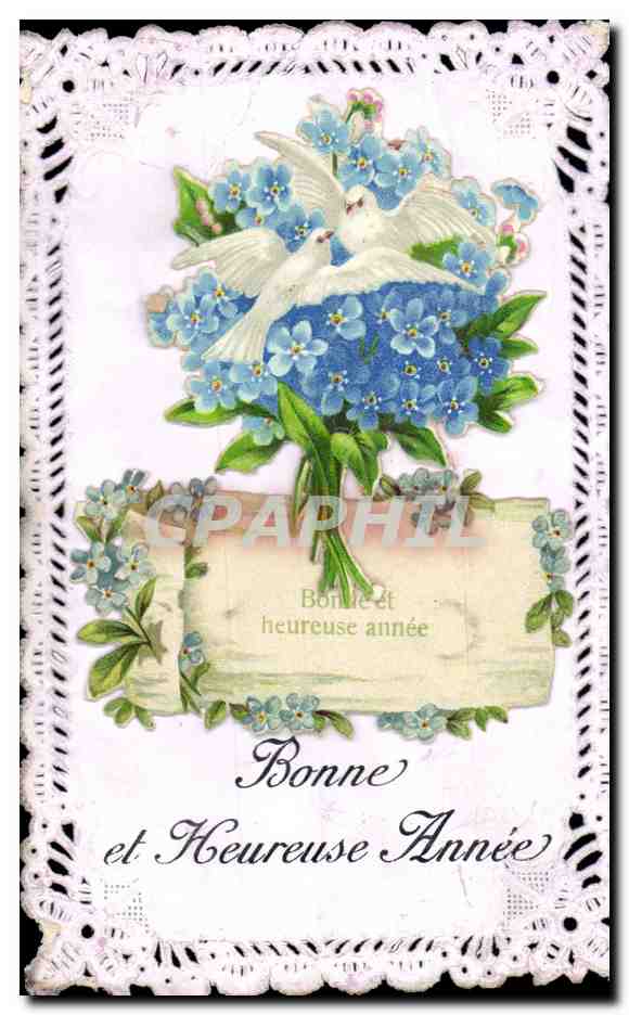 Deux colombes parmi des fleurs bleues — Bonne et Heureuse Année — J.C. Paris