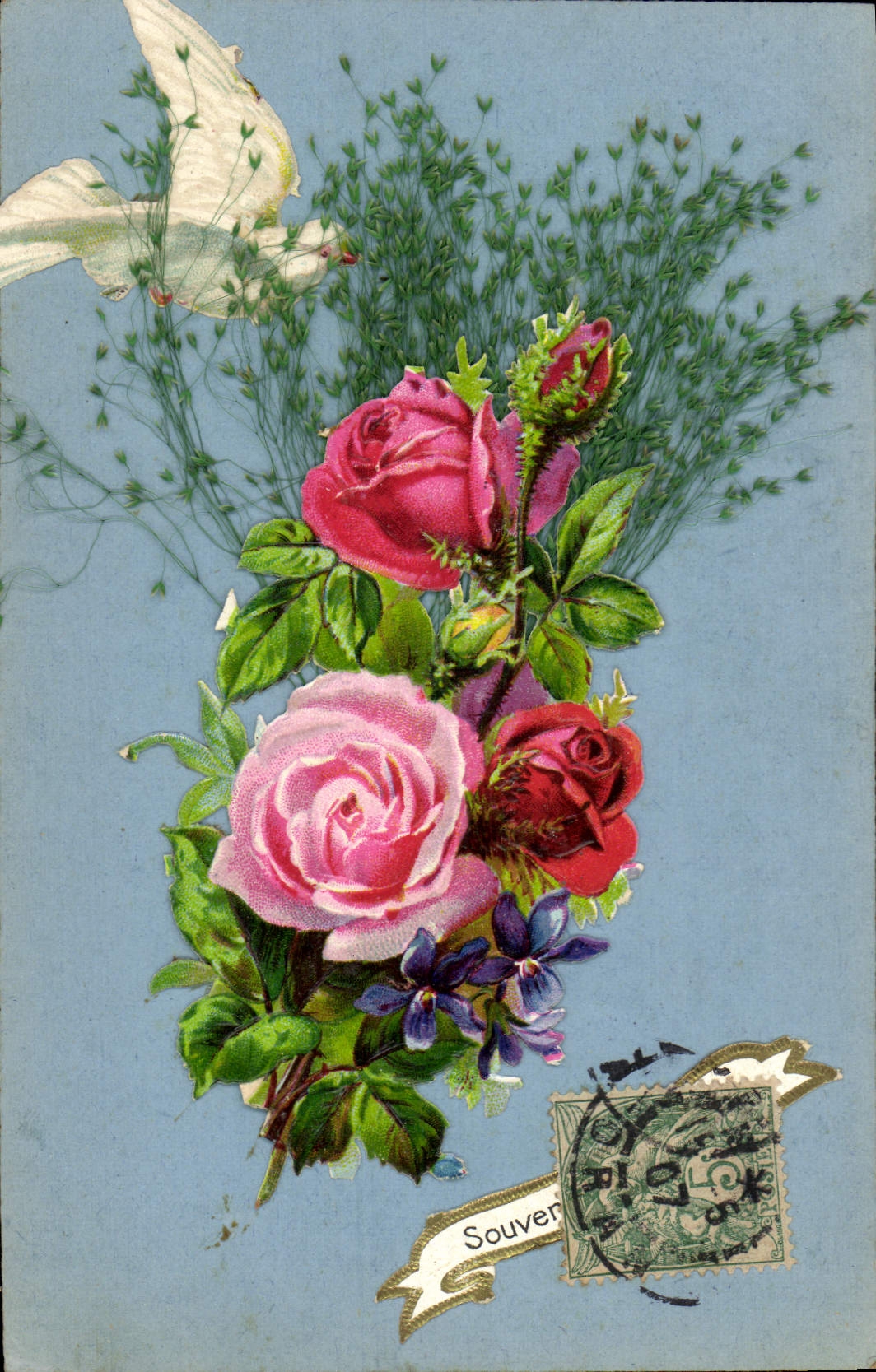 Bouquet of roses and dove — Souvenir — unknown publisher, series number not visible
