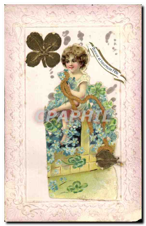 Fille assise dans un panier de trèfles — Saint-Patrick — éditeur non visible