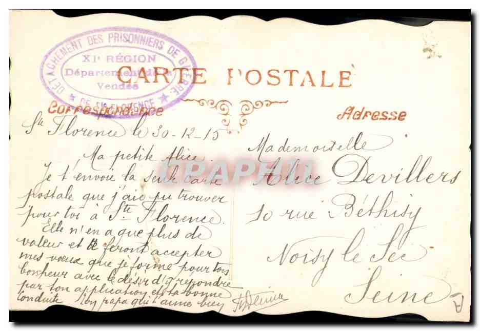 Papillon en tissu — Gage d'affection — Carte postale de prisonnier — Reverso