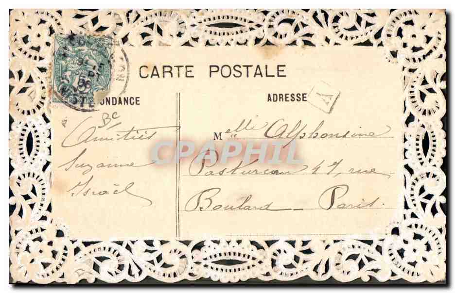 Bouquet de pensées — Je pense à vous — Antieke ansichtkaart met kant — Achterkant