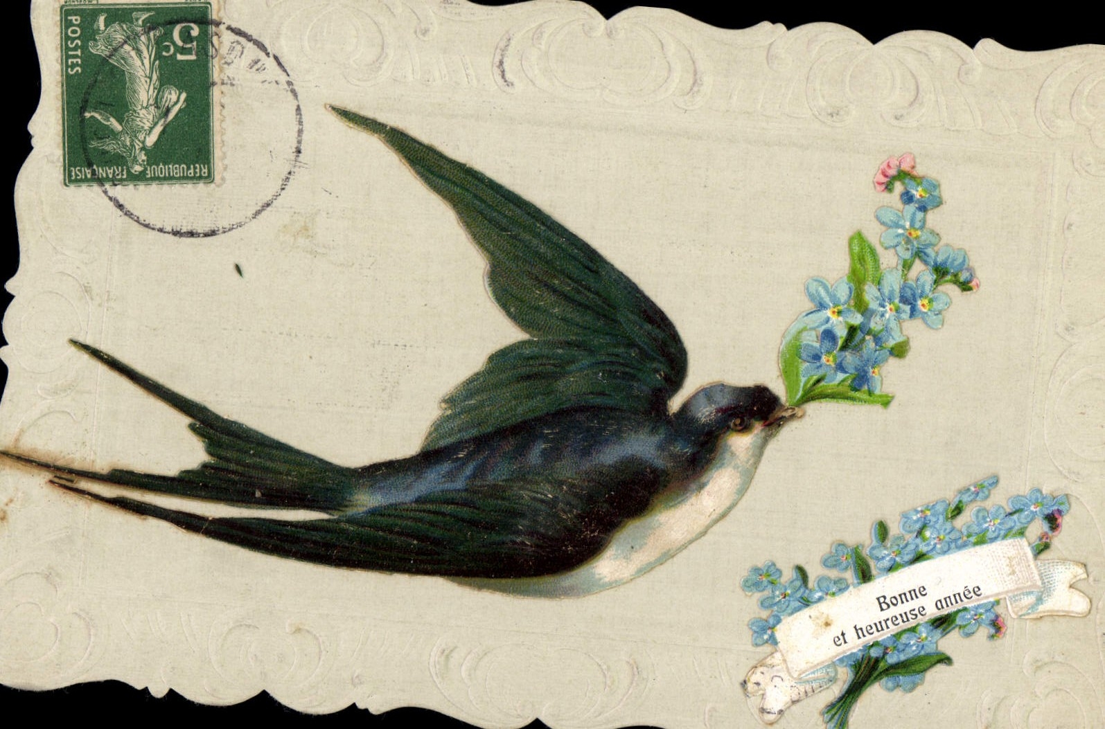 Oiseau portant des fleurs — Bonne et heureuse année — Éditeur P.F.L. Marseille