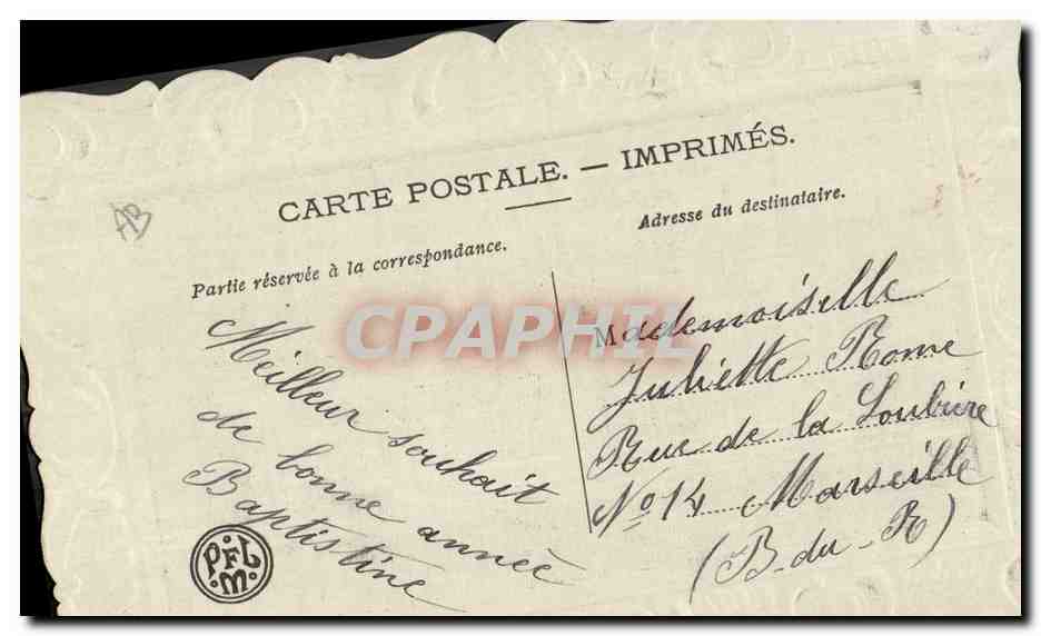 Oiseau portant des fleurs — Bonne et heureuse année — Éditeur P.F.L. Marseille — Verso
