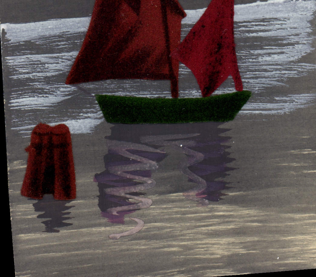 Bateau à voiles rouges — reflet ondulé — D.R.G.M. n°19