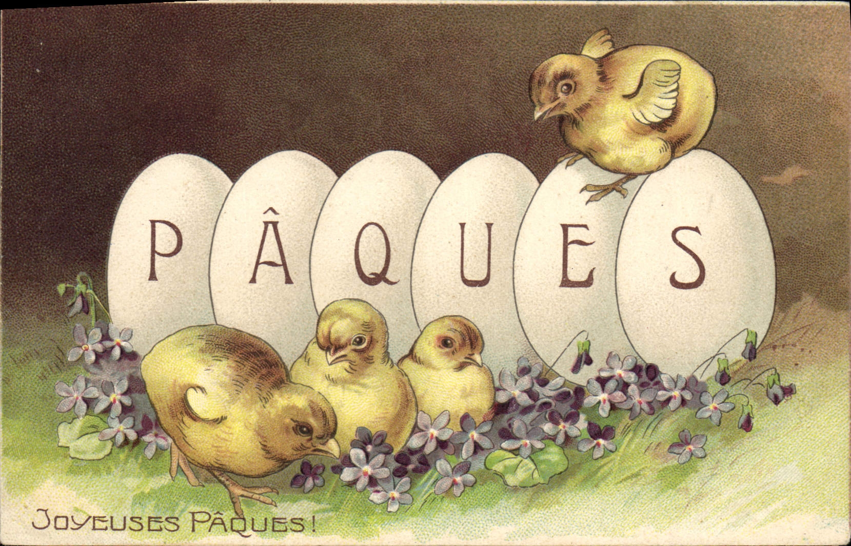 CPA Fantaisie Fleurs Poussins Oeufs Paques 
