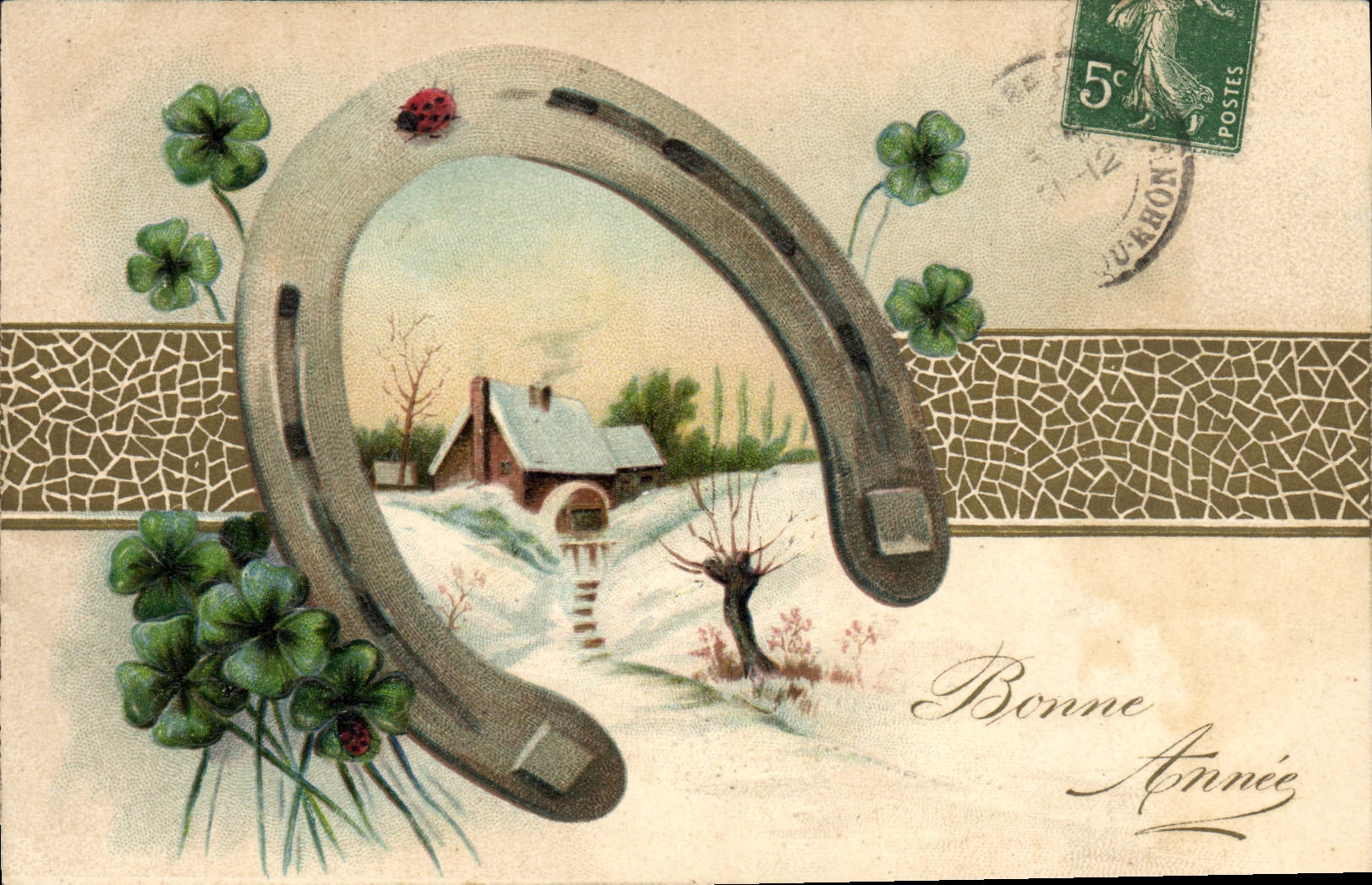 CPA Fantaisie Fleurs Trefles Fer a cheval 