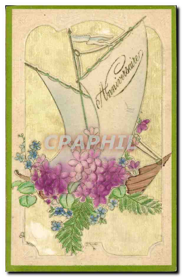 CPA Fantaisie Fleurs Bateau (décor en tissu) 