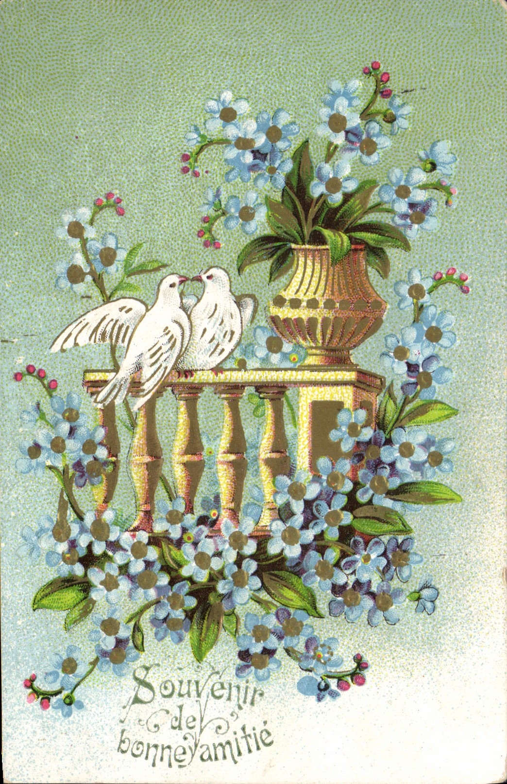 Deux colombes et fleurs — Souvenir de bonne amitié — made in Germany