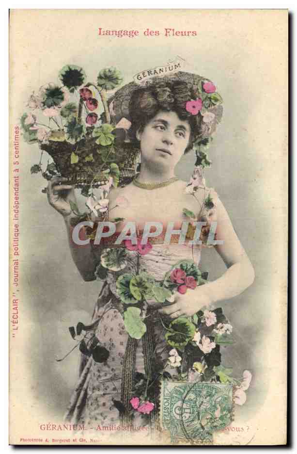 CPA Fantaisie Le langage des Fleurs Femme Geranium 