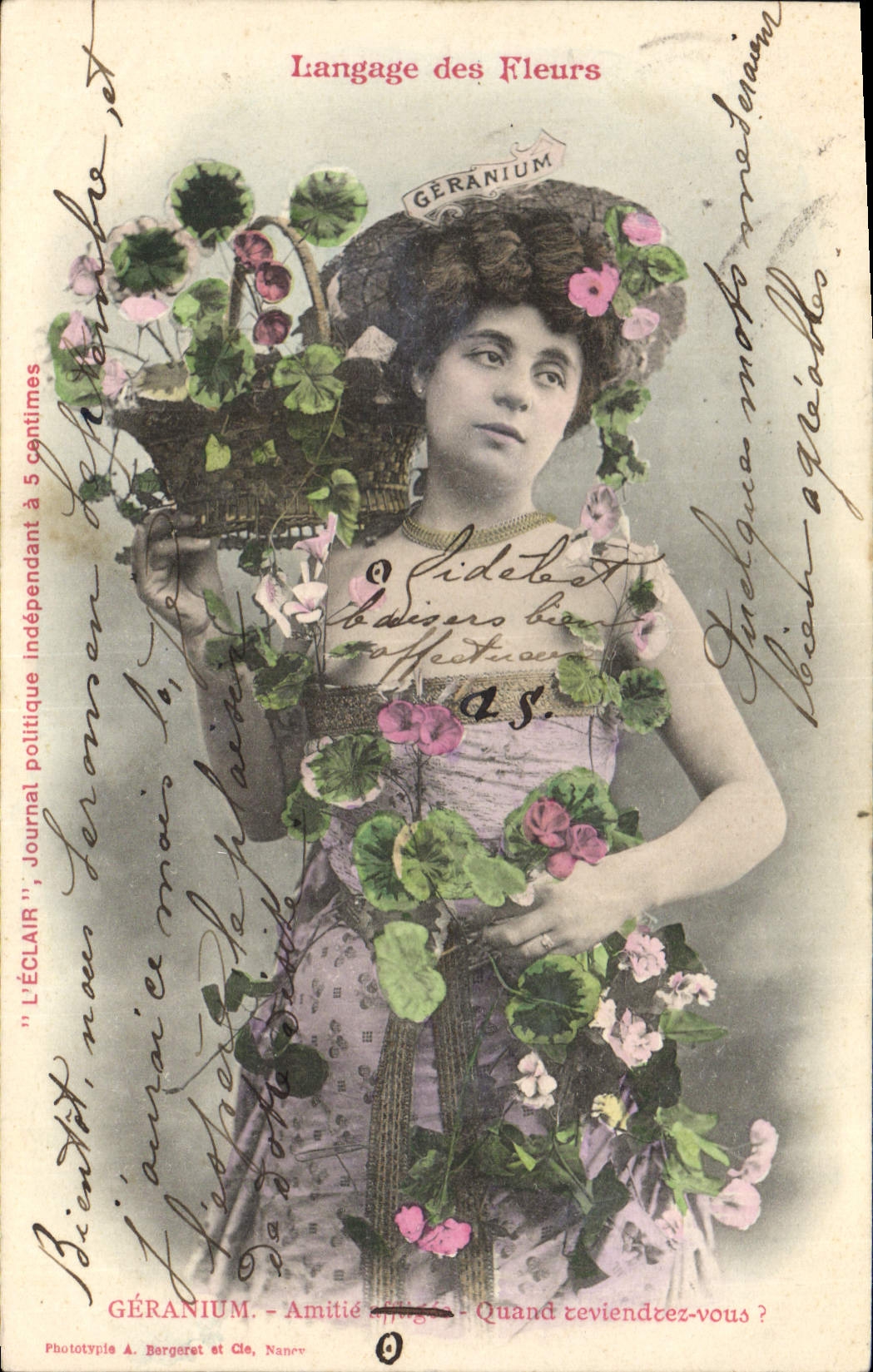 CPA Fantaisie Le langage des Fleurs Femme Geranium 