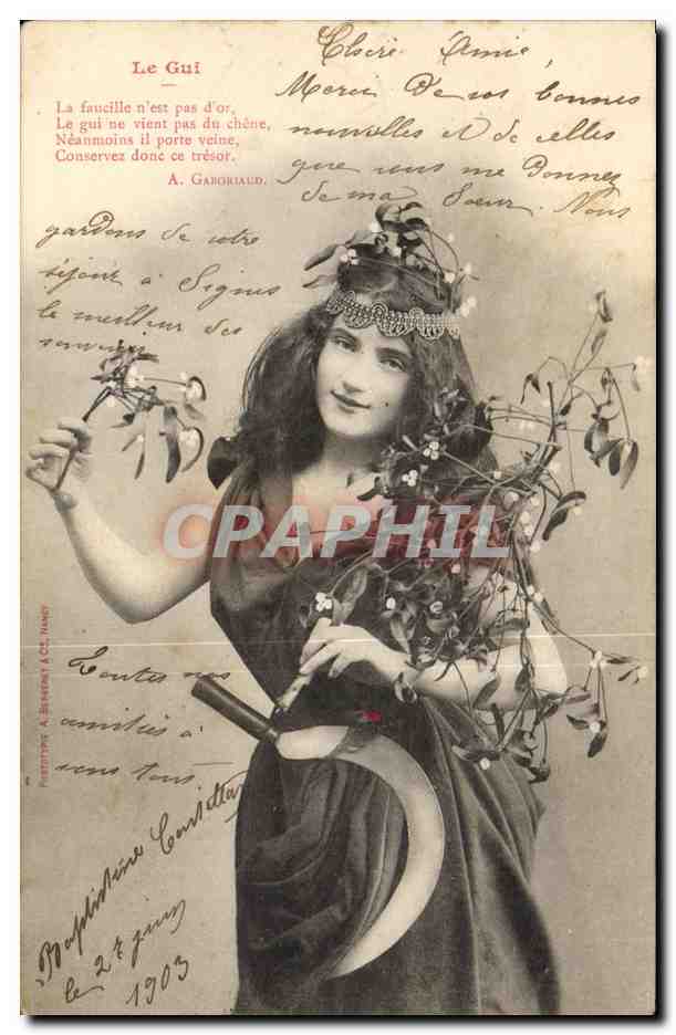 Femme en costume de déesse du gui — texte poétique — éditée par A. BÉNÉRY & Cie, Nancy