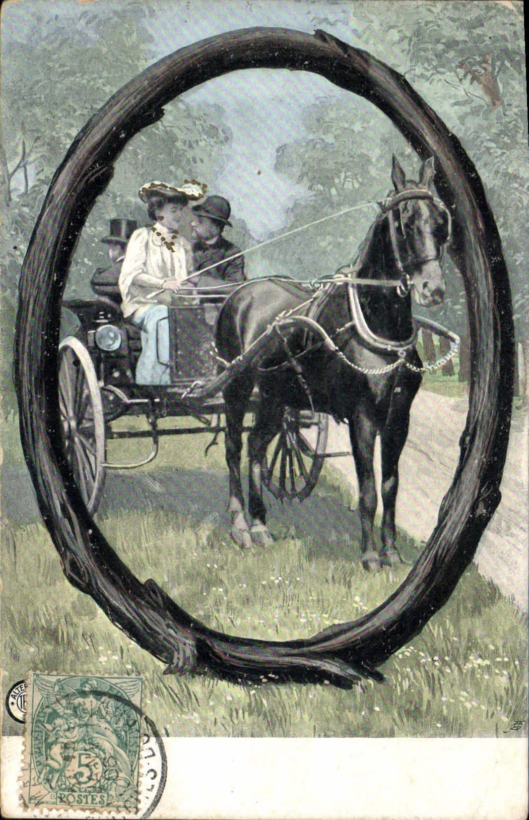 CPA Fantaisie Femme Lettres Lettre O Cheval 
