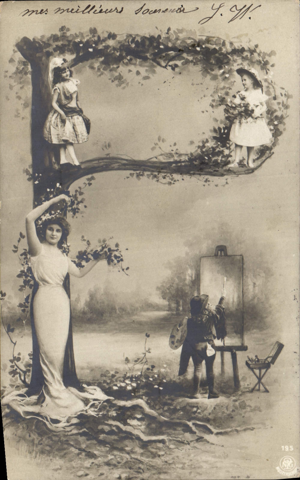 Femme et artiste sous arbre — Y. J. Y. — n° 193