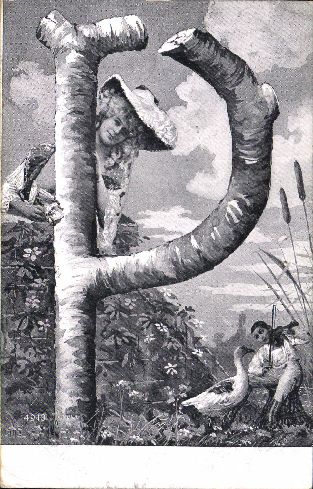 Femme et enfant dans un paysage — lettre de la carte postale — éditeur LEBON, n° 4913