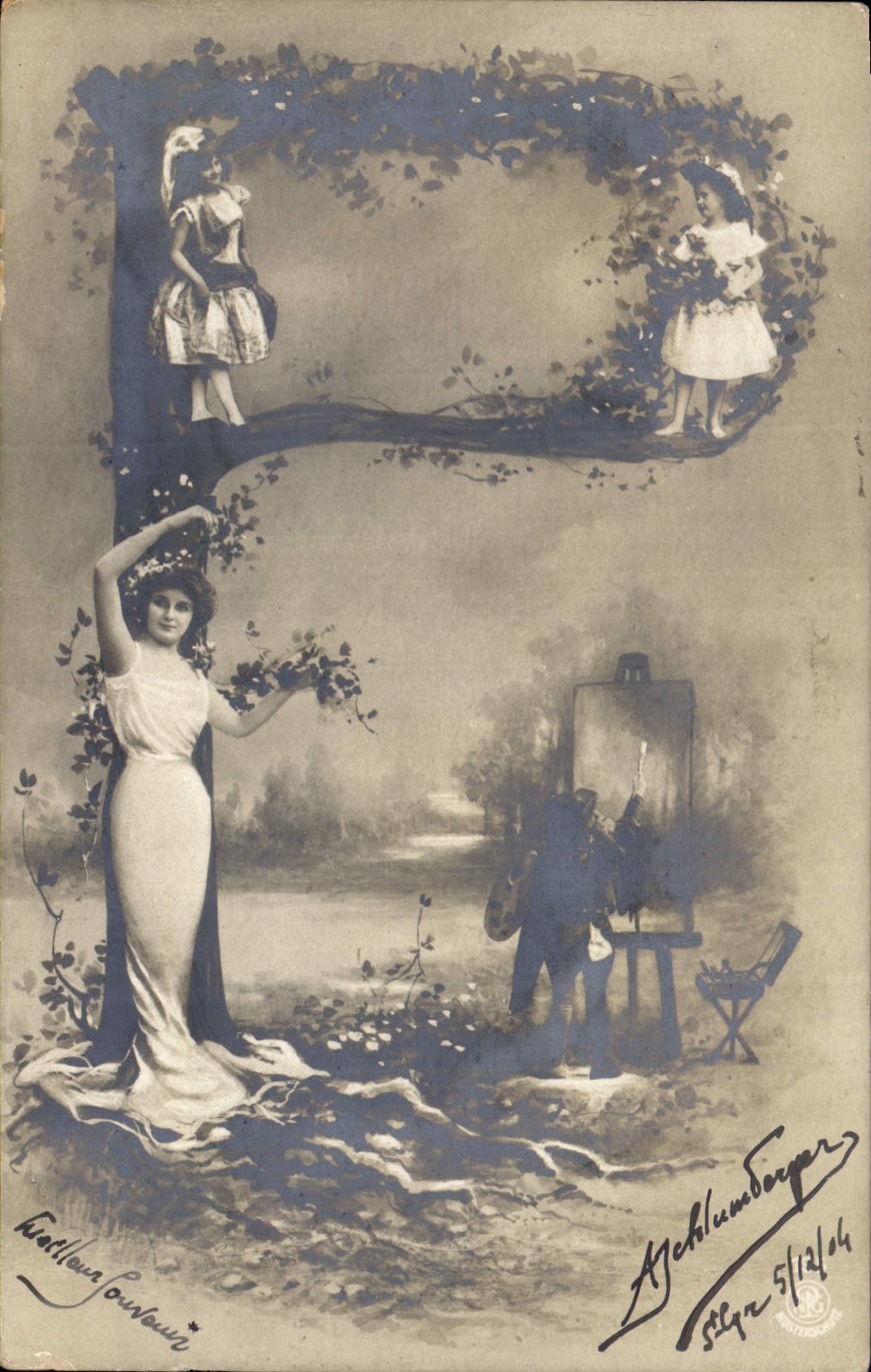 Femmes et artiste — scène bucolique — A. Jochlumburger, n° 512/104