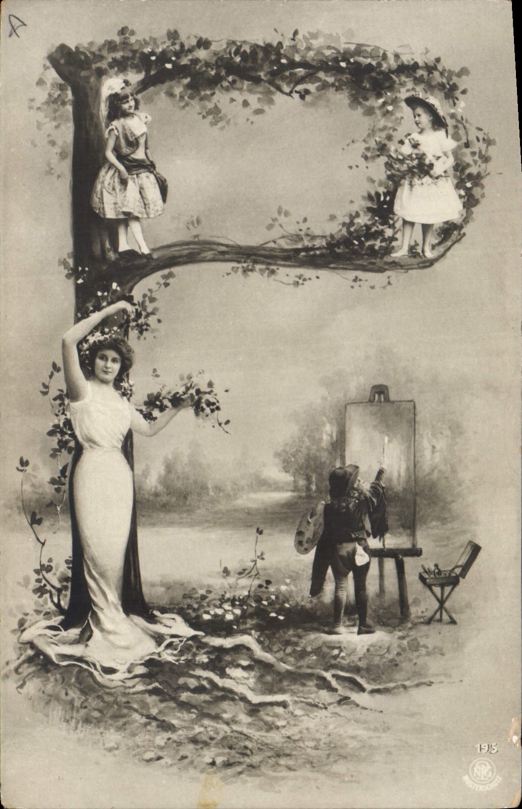 Femme et enfant peignant sous un arbre — éditeur NR, n° de série 1915
