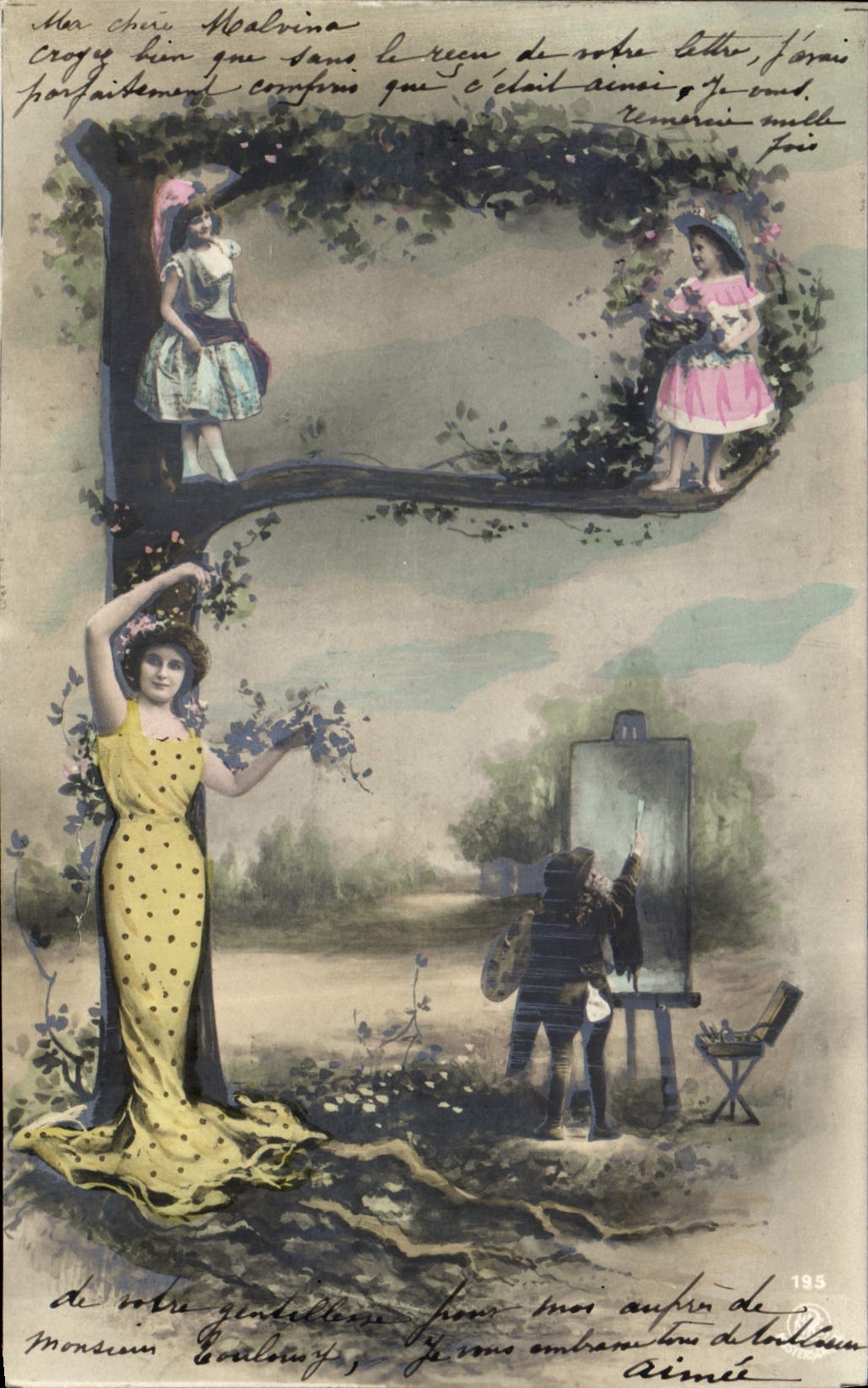 Femme en robe jaune à pois — artiste peignant sous un arbre — éditeur non identifié, n° de série 195