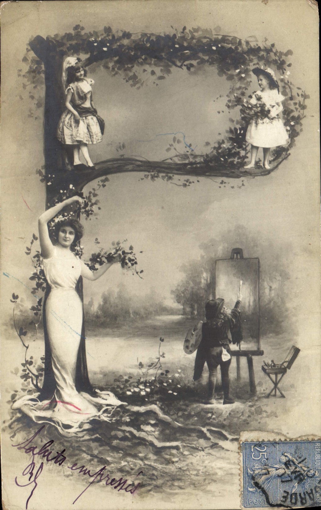 Femme et artiste au paysage — scène décorative — éditeur non identifié