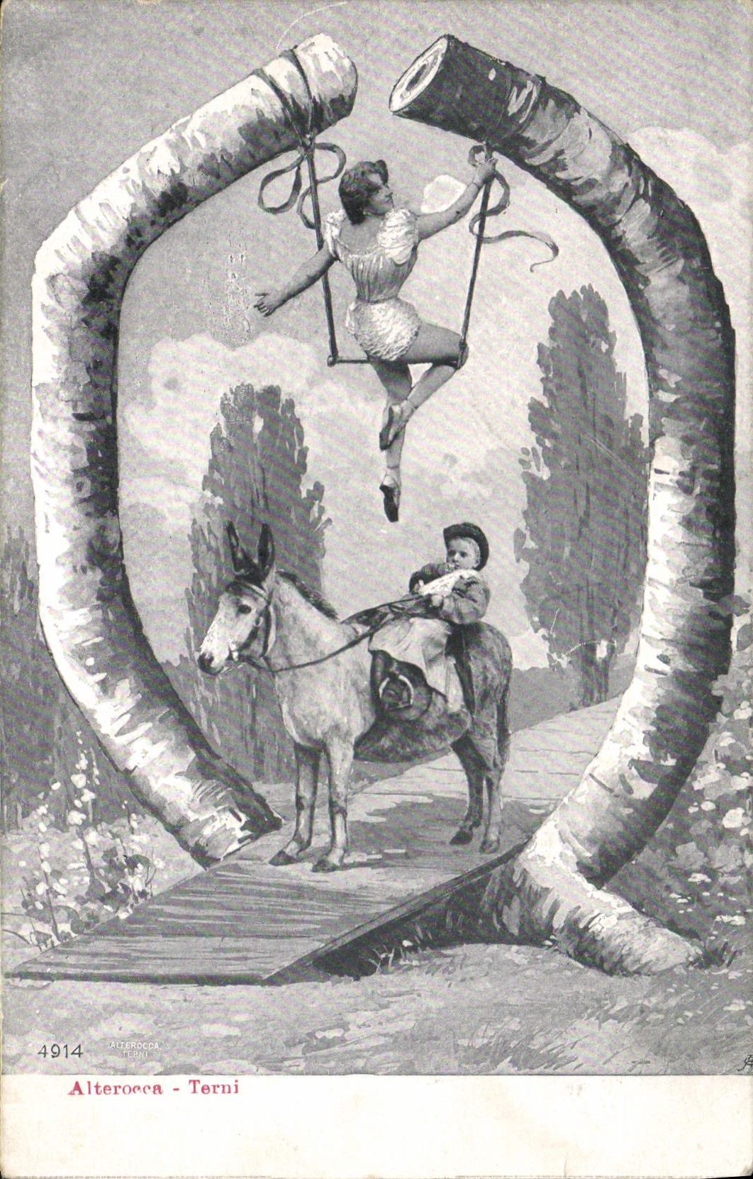 Alterocca - Terni — scène de cirque avec acrobate et mulet — éditeur Alterocca Terni, n° 4914