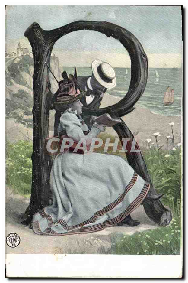 Femme assise dans une grande lettre D — paysage côtier — éditeur 'P. LEROUX' n° 856