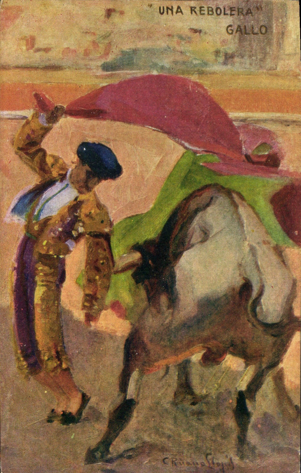 Un torero avec un taureau — 'UNA REBOLERA' GALLO — éditeur Juan Bardou, Barcelone