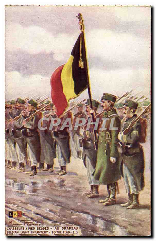 CPA Militaria Chasseurs a pied belges Au drapeau