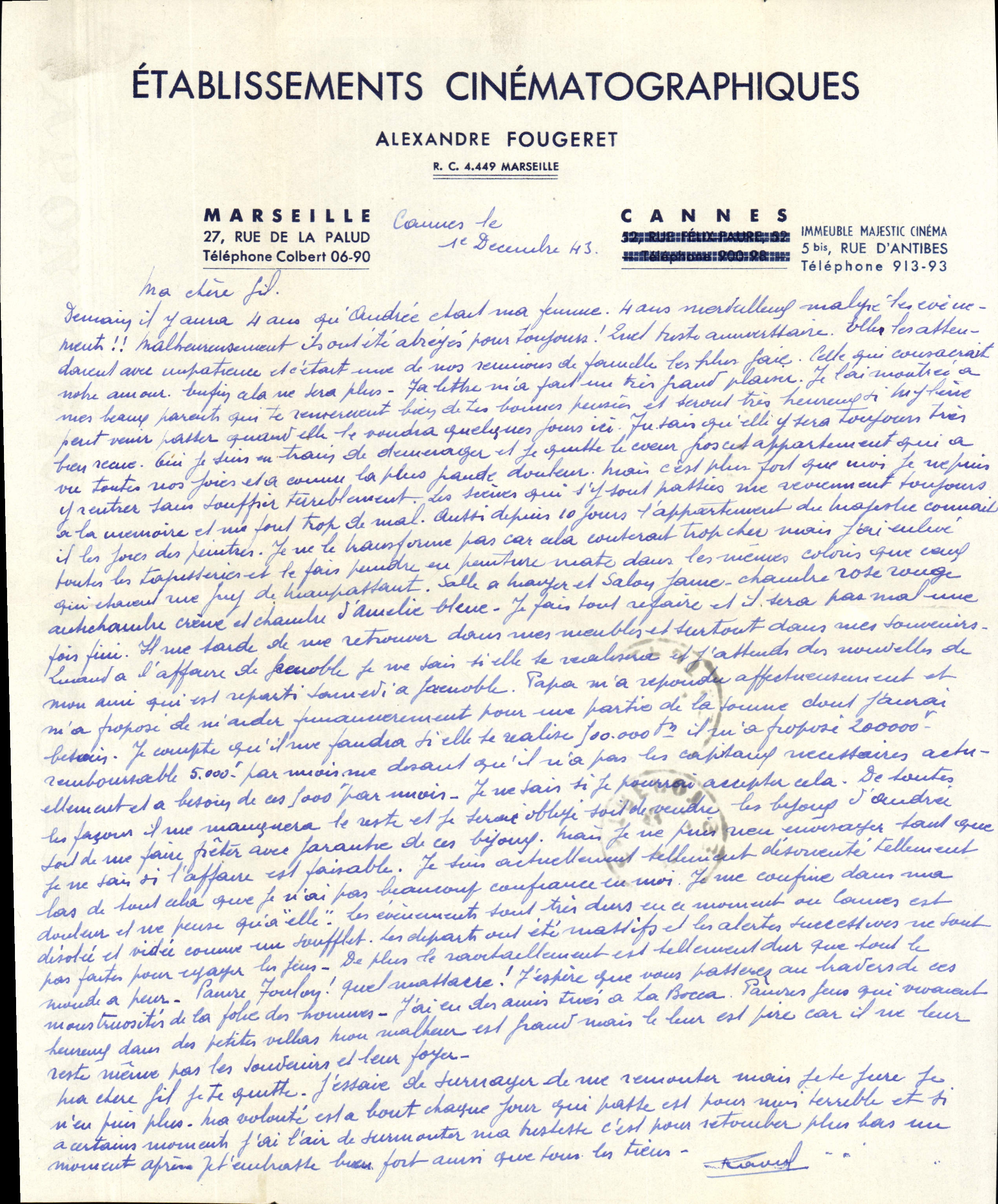Lettre Etablissements Fougeret Majestic Cinema Cannes 1943