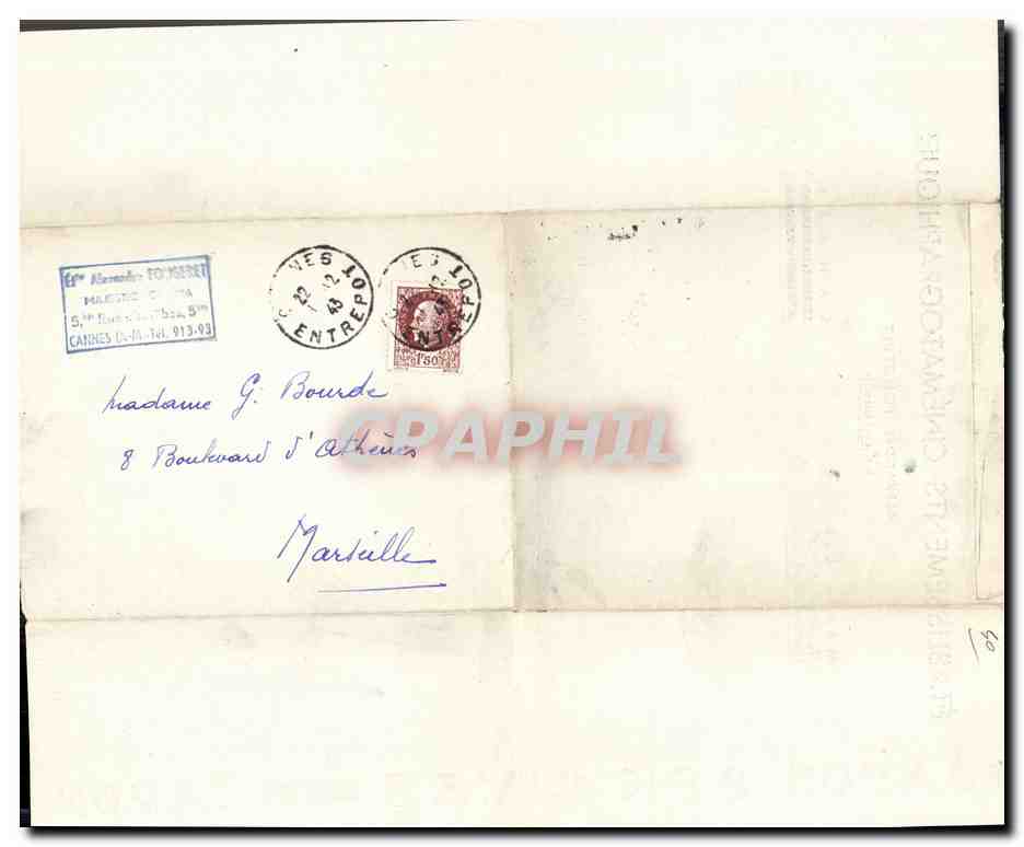 Lettre Etablissements Fougeret Majestic Cinema Cannes 1943 — Rückseite