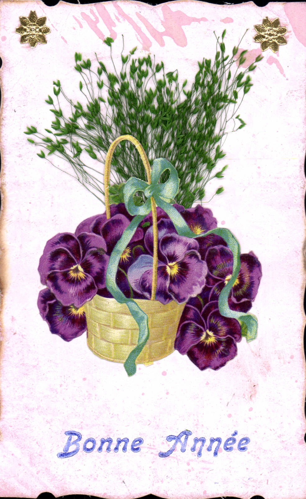 Bouquet de pensées violettes dans un panier — Bonne Année — éditeur inconnu