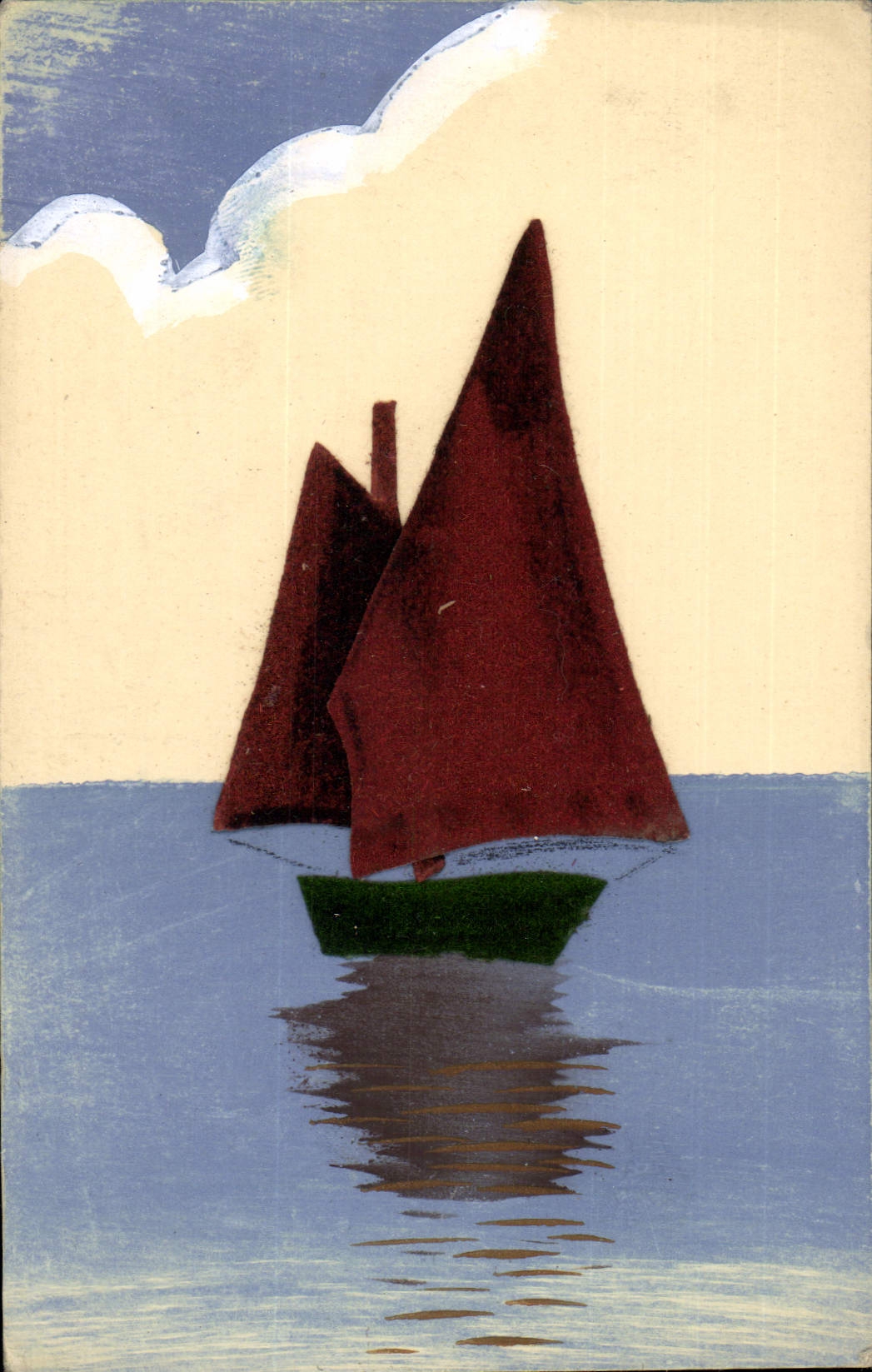 Sailing boat with red sails — stylized illustration — D.R.O.M. no. 21