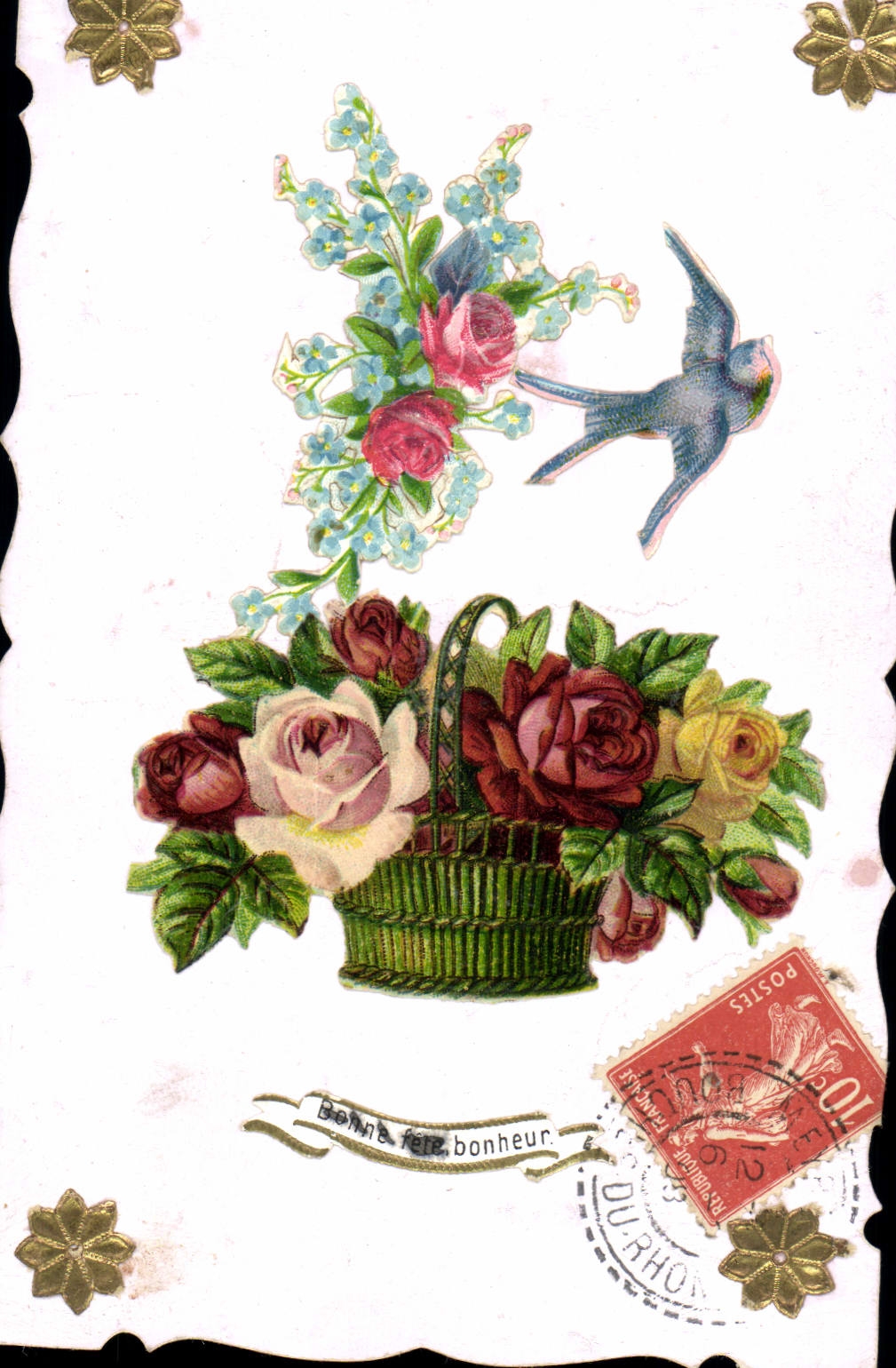 Bouquet de roses et oiseau — illustration colorée — éditeur inconnu