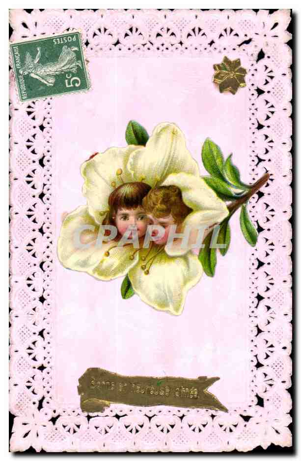 Enfant dans une fleur — carte postale ornée de dentelle — éditeur anonyme