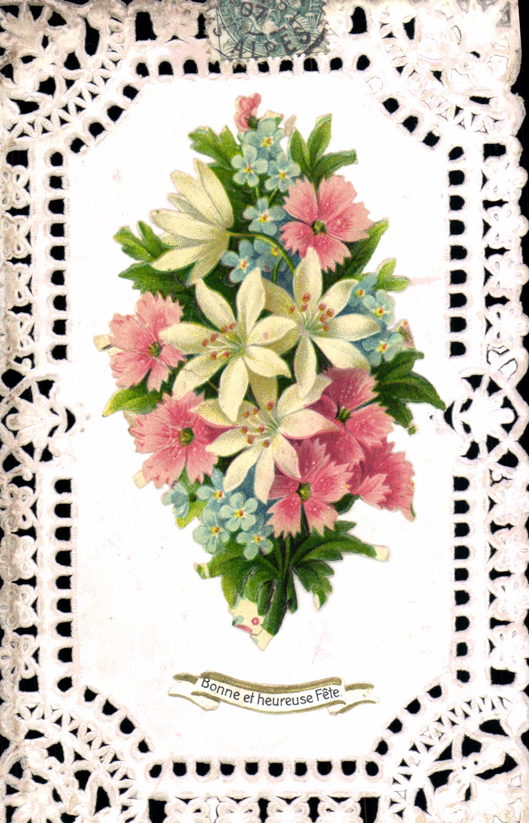 Mazzo di fiori — Buona e felice Festa — Cartolina decorata con pizzo