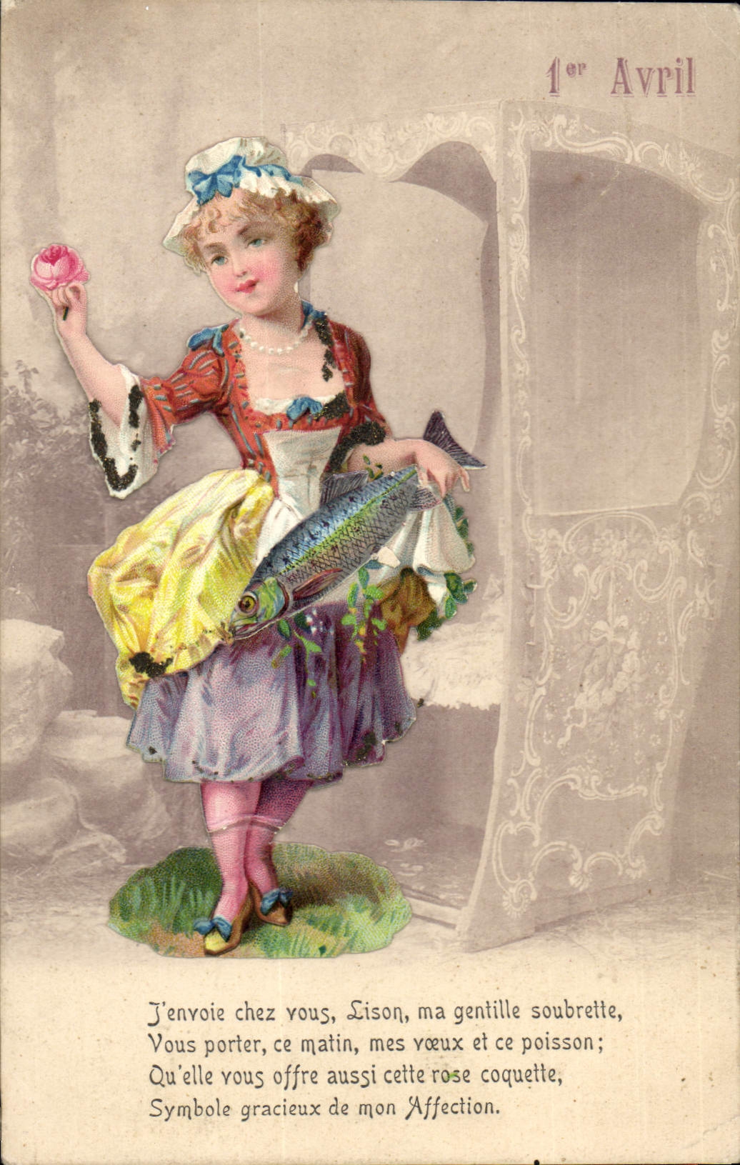 Fille tenant rose et poisson — 1er Avril — éditeur C.A. Paris