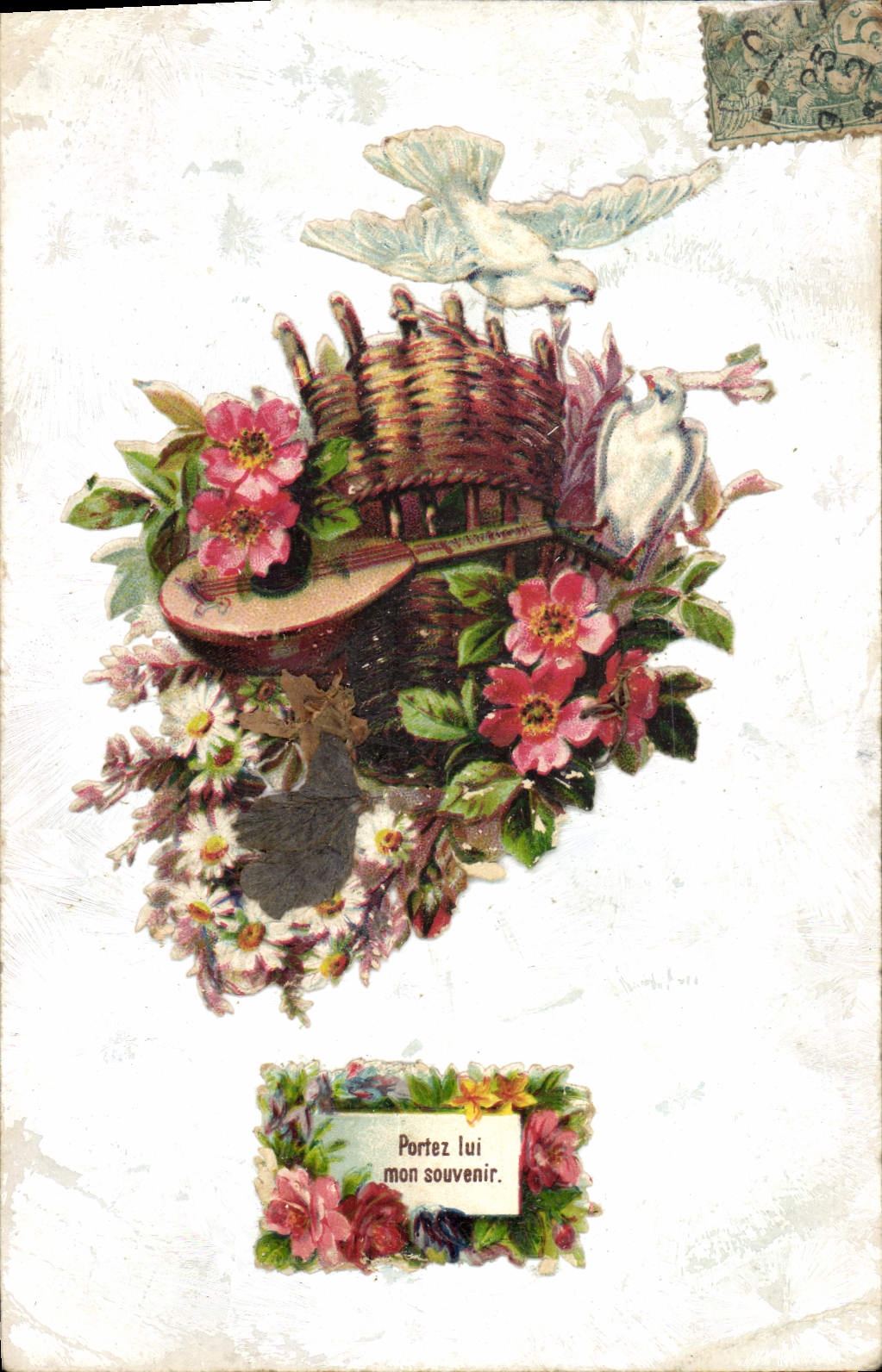 Bouquet di fiori, cesta e colomba — editore sconosciuto, numero di serie non visibile