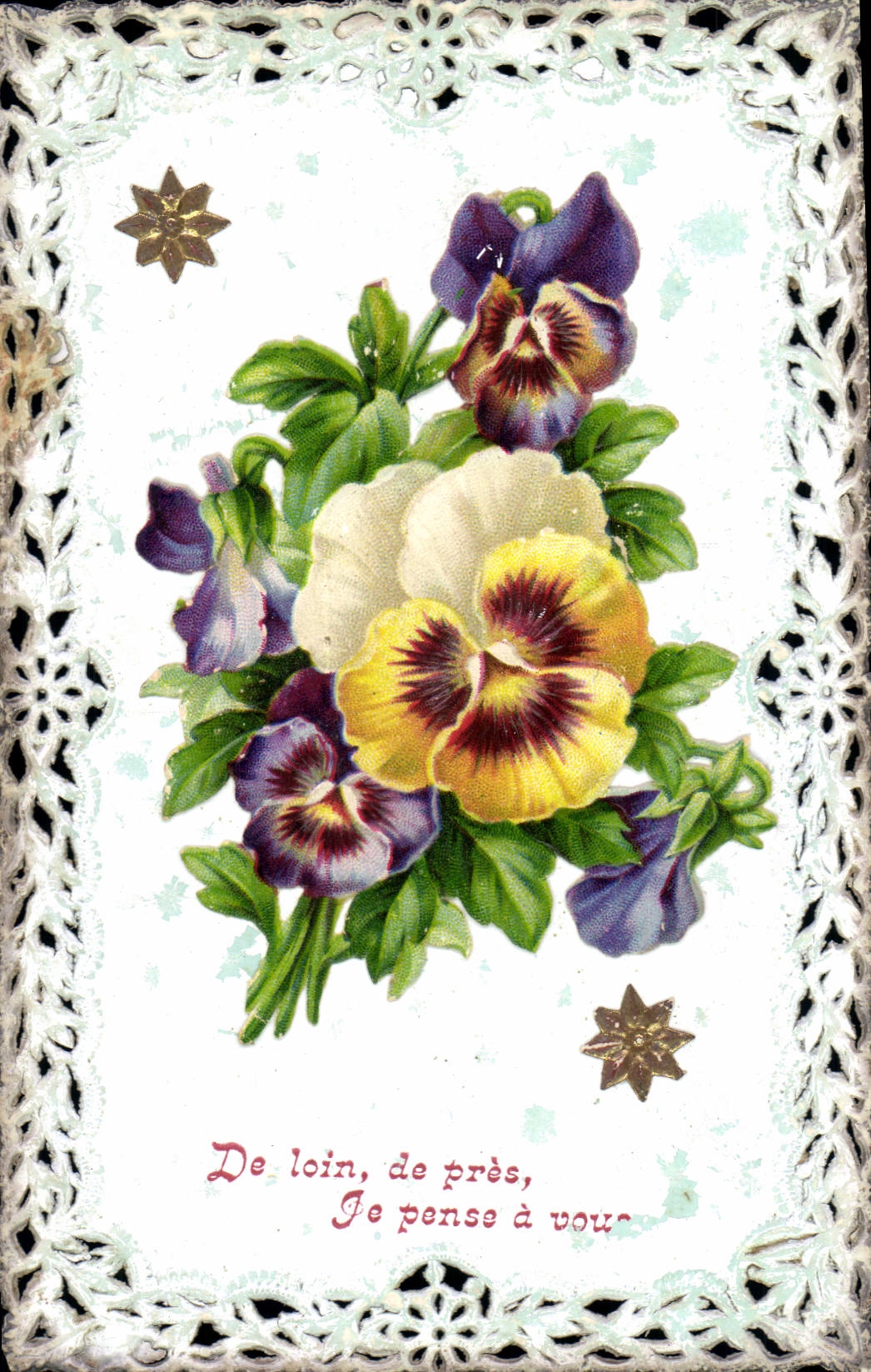 Bouquet de pensées — De loin, de près, je pense à vous — Carte postale ornée de dentelle