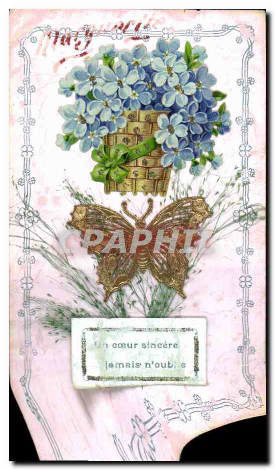 Bouquet de fleurs bleues — papillon doré — éditeur Robert-Marcheille