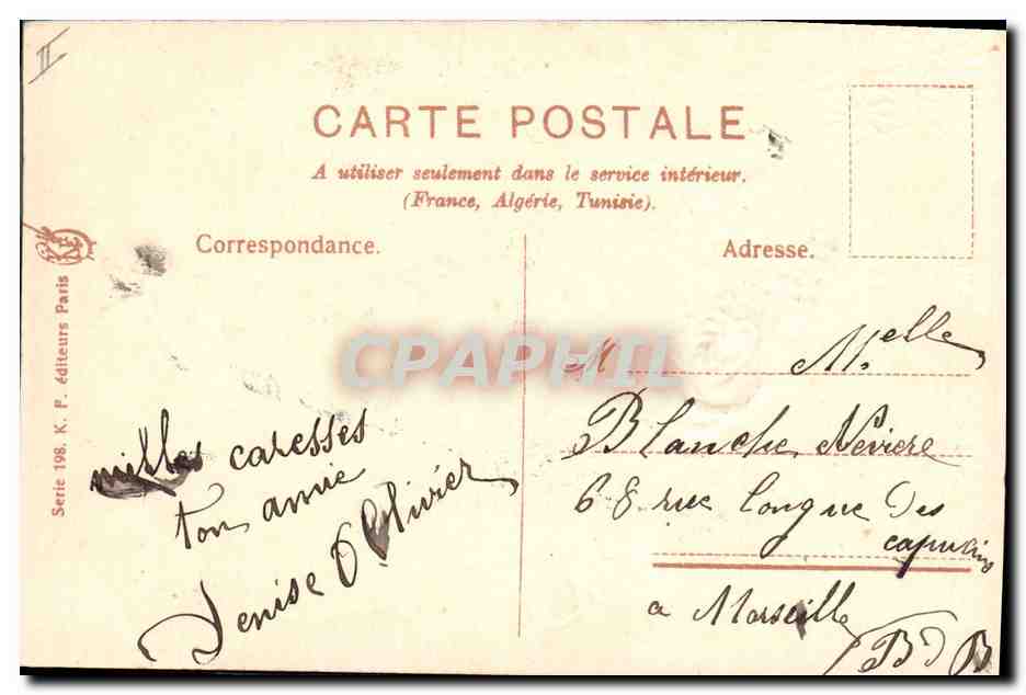 Fleurs et colombes — Souvenir — K. P. éditeurs Paris, Série 198 — Reverso