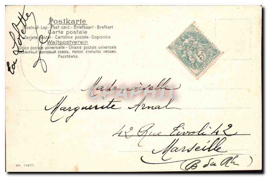 Coucher de soleil sur la mer — portrait féminin en insert — éditeur non identifié, n° 11877 — Verso