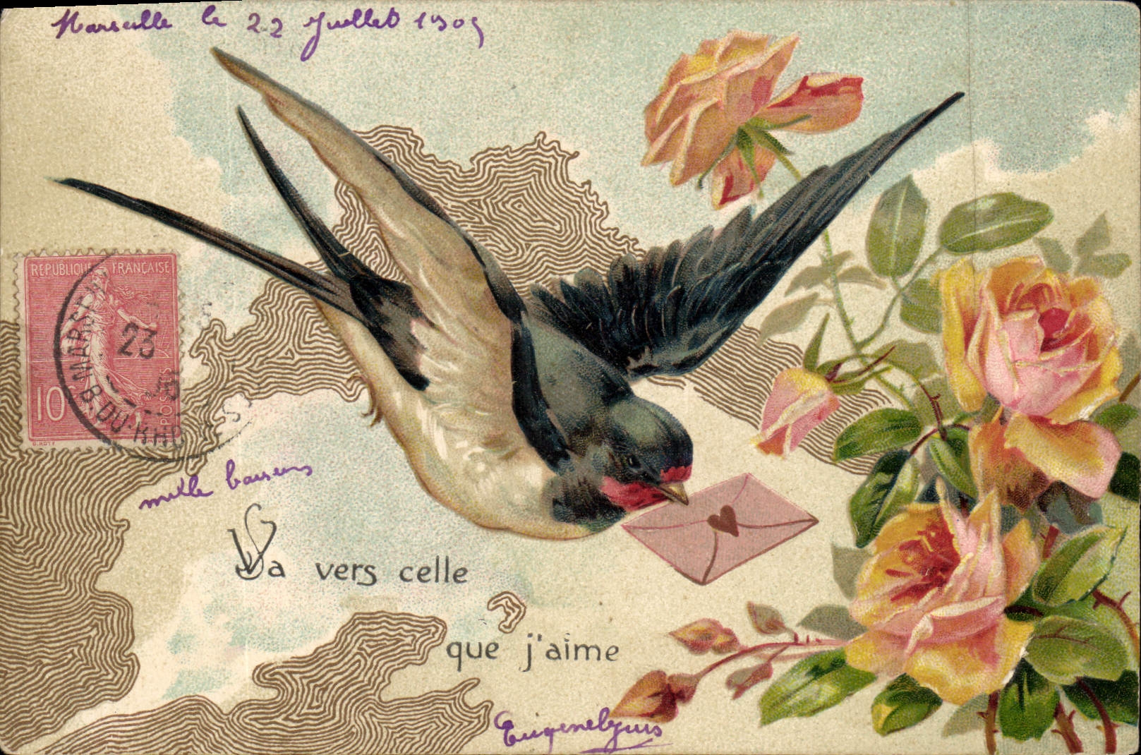 Oiseau portant une lettre — Roses — Éditeur non identifié, série 8450